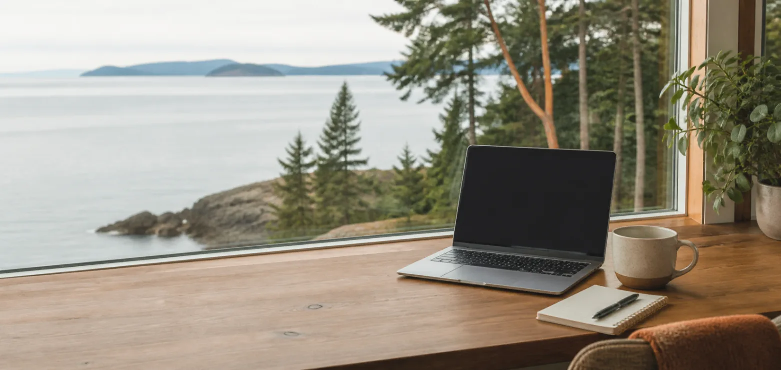 Laptop on a wood workspace beside a coastal view