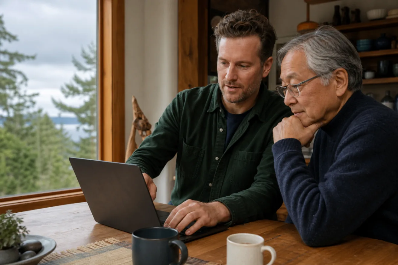 A local computer-help conversation at a table, with a laptop open between two people