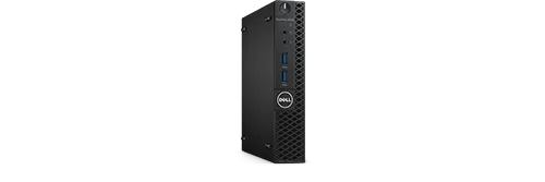Compact Dell desktop computer beside a monitor on a tidy wood counter